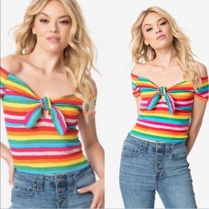 Retro pride rainbow off shoulder tie top M